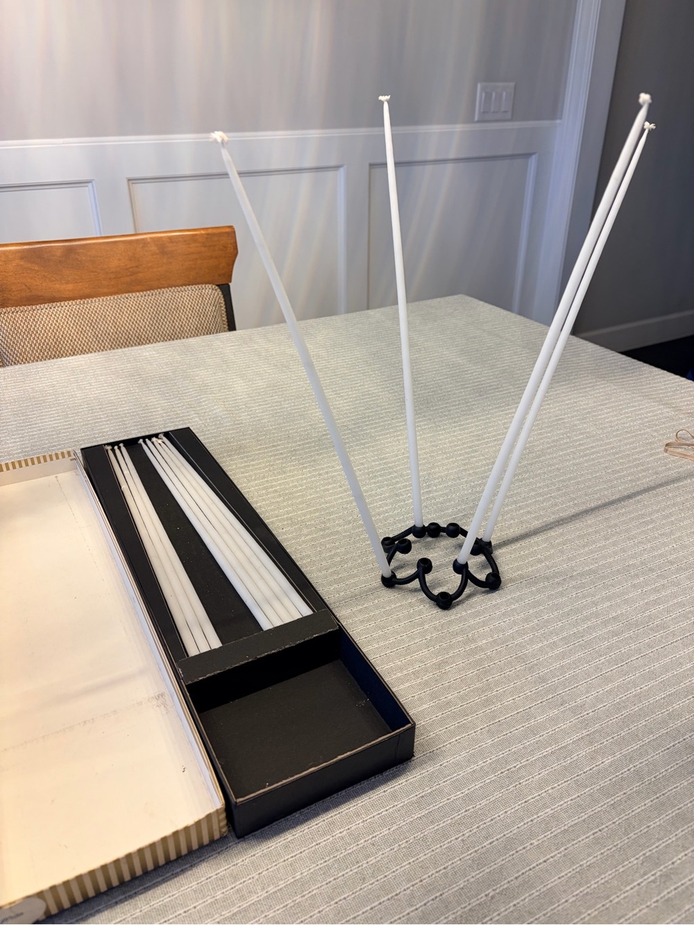 Vintage Dansk White Taper Candles with Black Beaded Metal Holder
